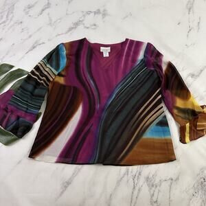 Secret Womens Vintage Y2k Blouse Top Size L Purple Blue Swirl Ruffle Bell Sleeve
